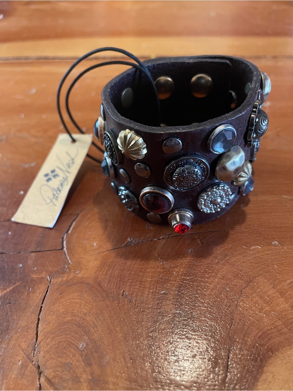 Patricia Nash Dark Brown Leather Studded Cuff Bracelet with Mixed Metal Accents